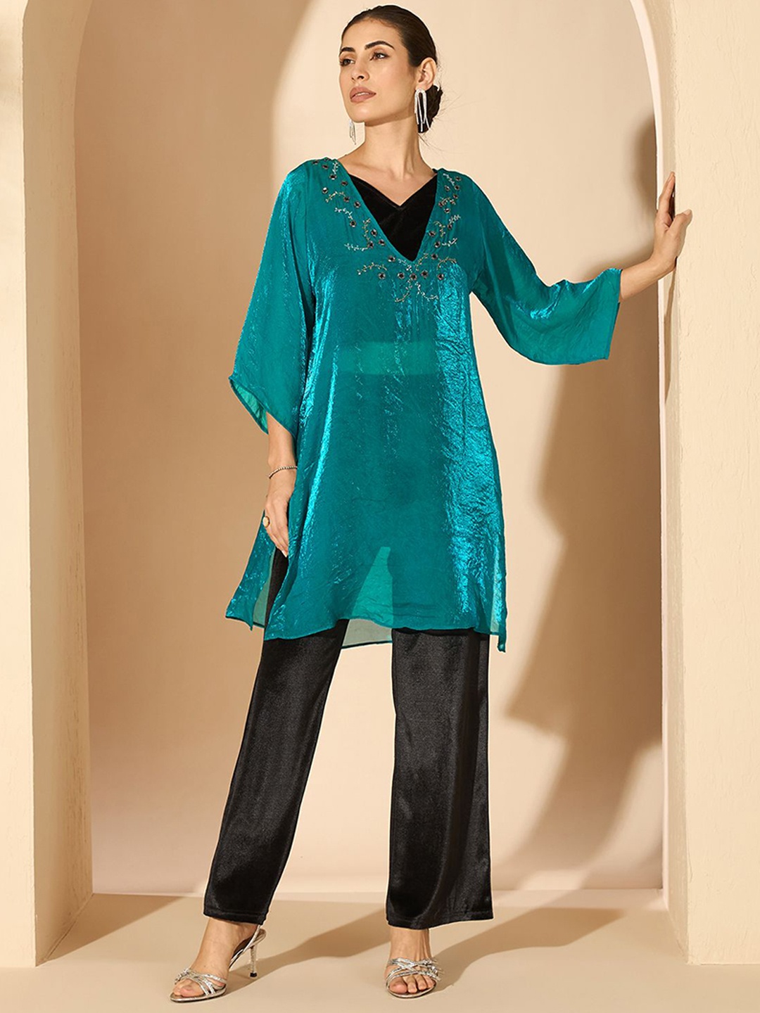 

Antheaa Silk Embellished V-Neck Tunic with Trousers, Teal