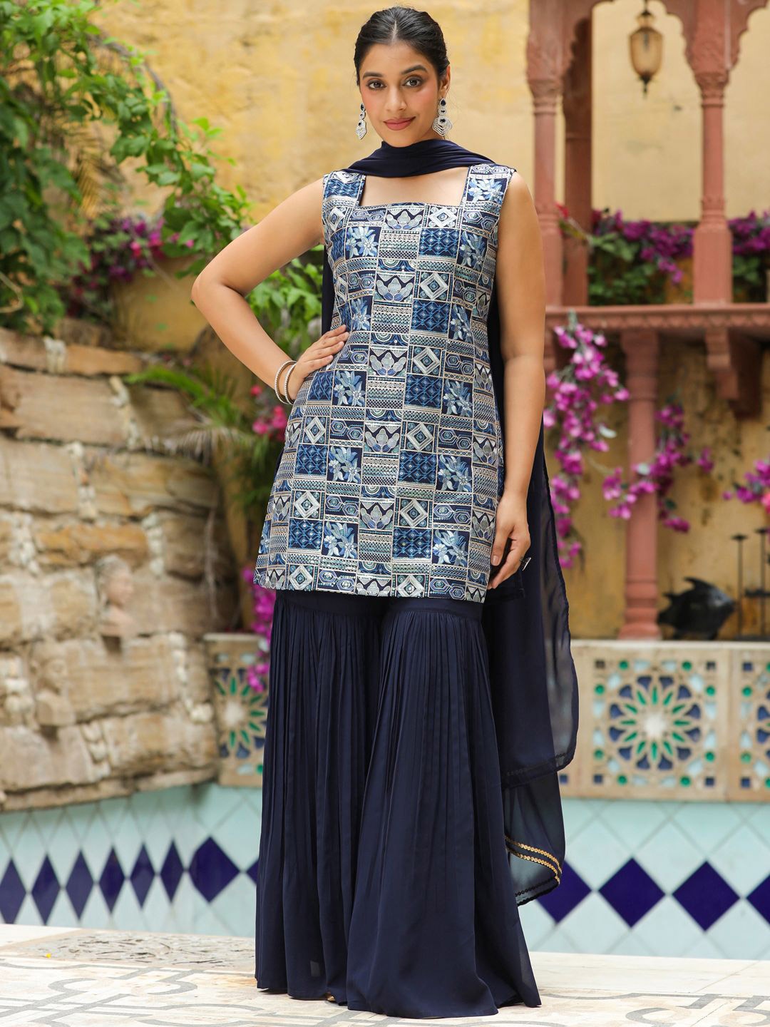 

Janasya Geometric Embroidered Sequinned Kurta with Sharara & Dupatta, Navy blue
