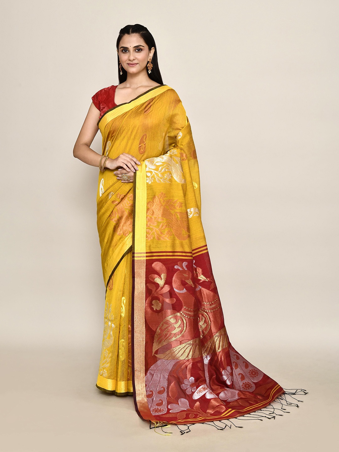 

PUKU Ethnic Motifs Woven Design Zari Taant Saree, Mustard