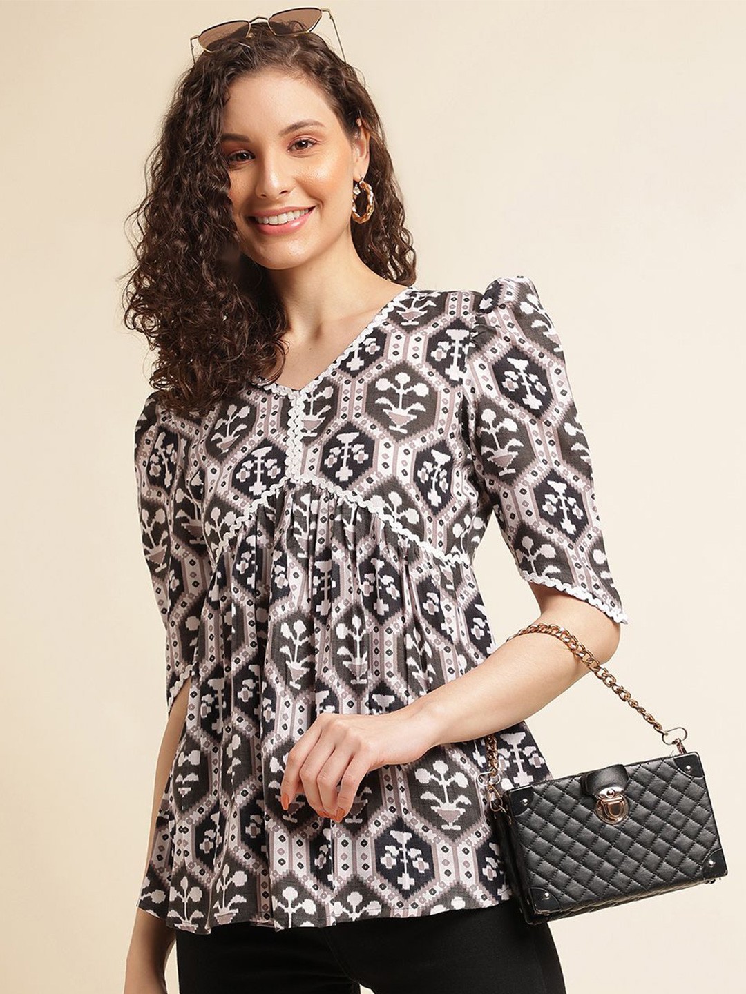 

DressBerry Women Cotton Ethnic Motifs Printed Empire Top, Brown