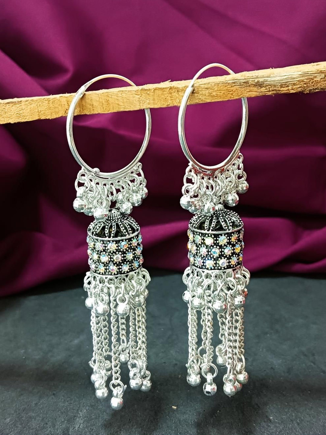 

Efulgenz Rhodium-Plated Oxidised Contemporary Jhumkas, Silver