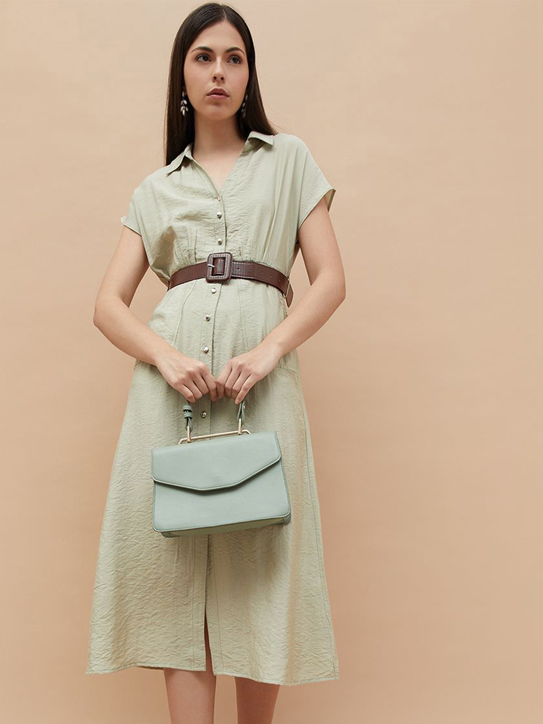 

CODE by Lifestyle Women Shirt Collar A-Line Knee Length Dress, Olive