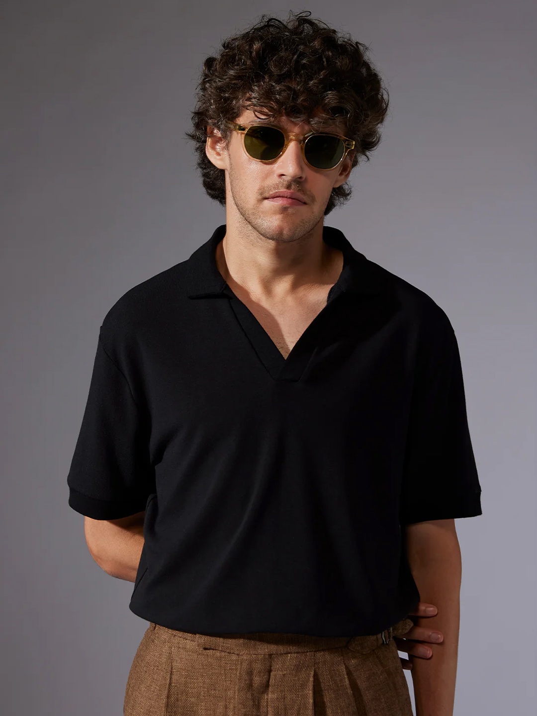 

Bombay Shirt Company Men Polo Collar Raw Edge T-shirt, Black