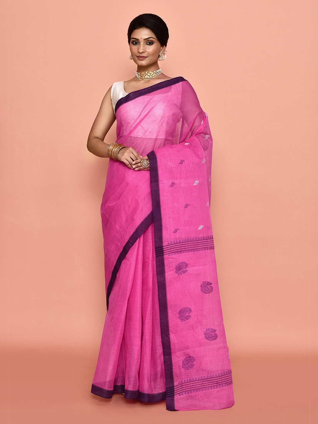 

PUKU Woven Design Pure Cotton Taant Saree, Pink