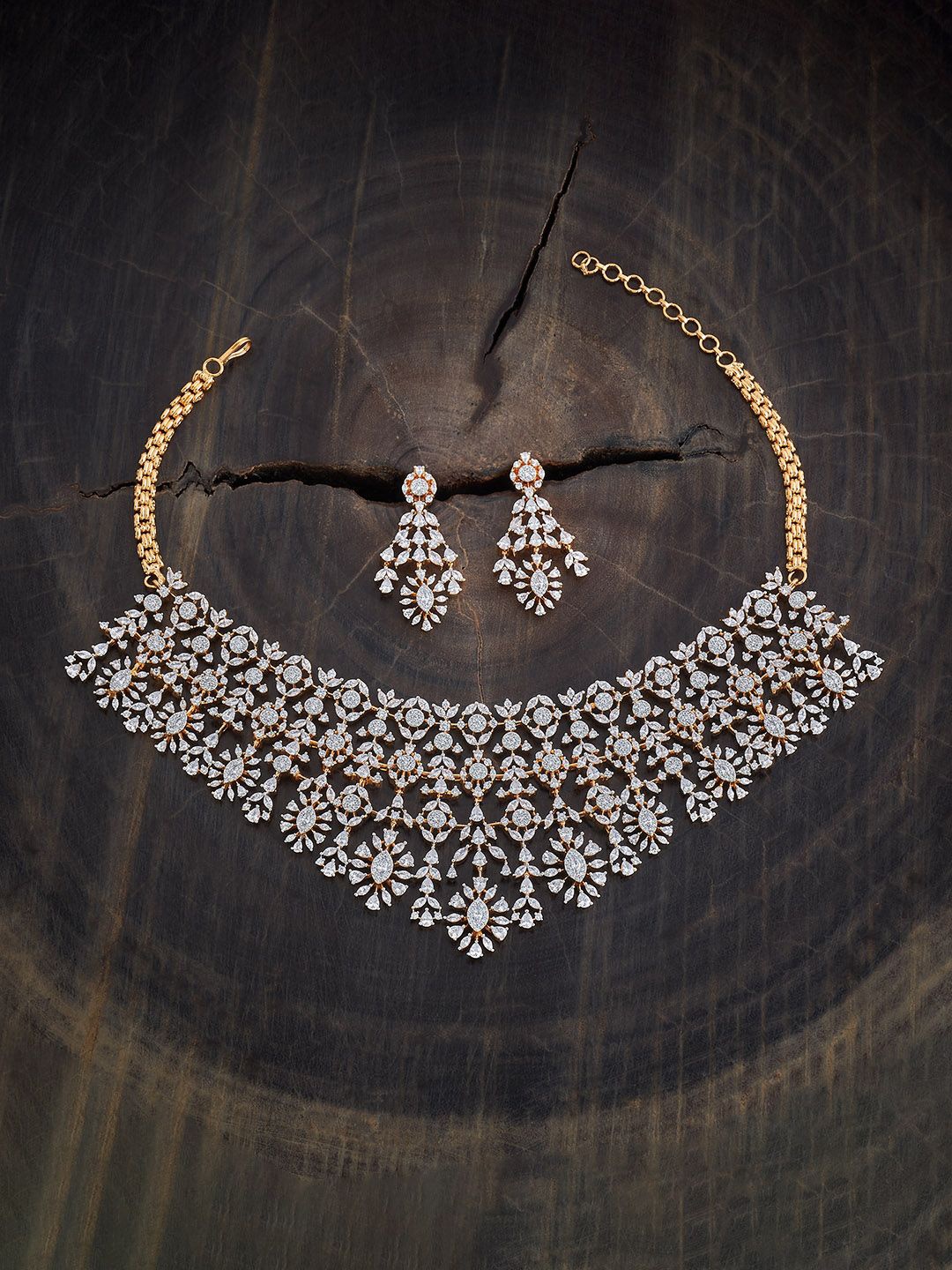 

Kushal's Fashion Jewellery Rhodium-Plated CZ Studded Necklace and Earrings, Silver