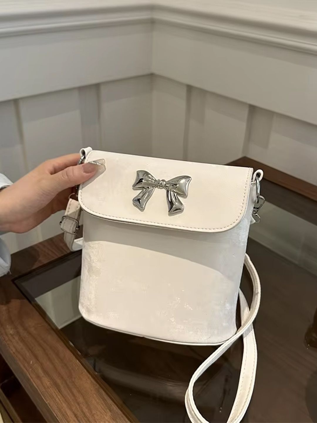 

StyleCast Checked Structured Sling Bag with Bow Detail, White