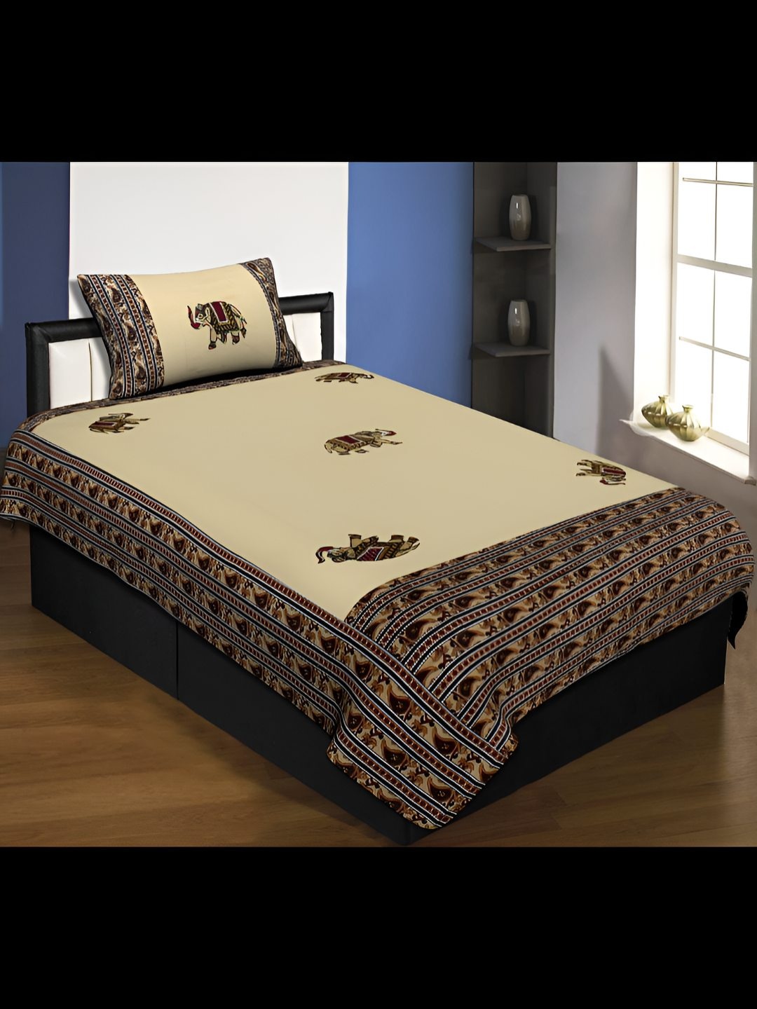 

BED-SHEET.COM Off White & Brown Ethnic Motifs Single Bedsheet with 1 Pillow Covers