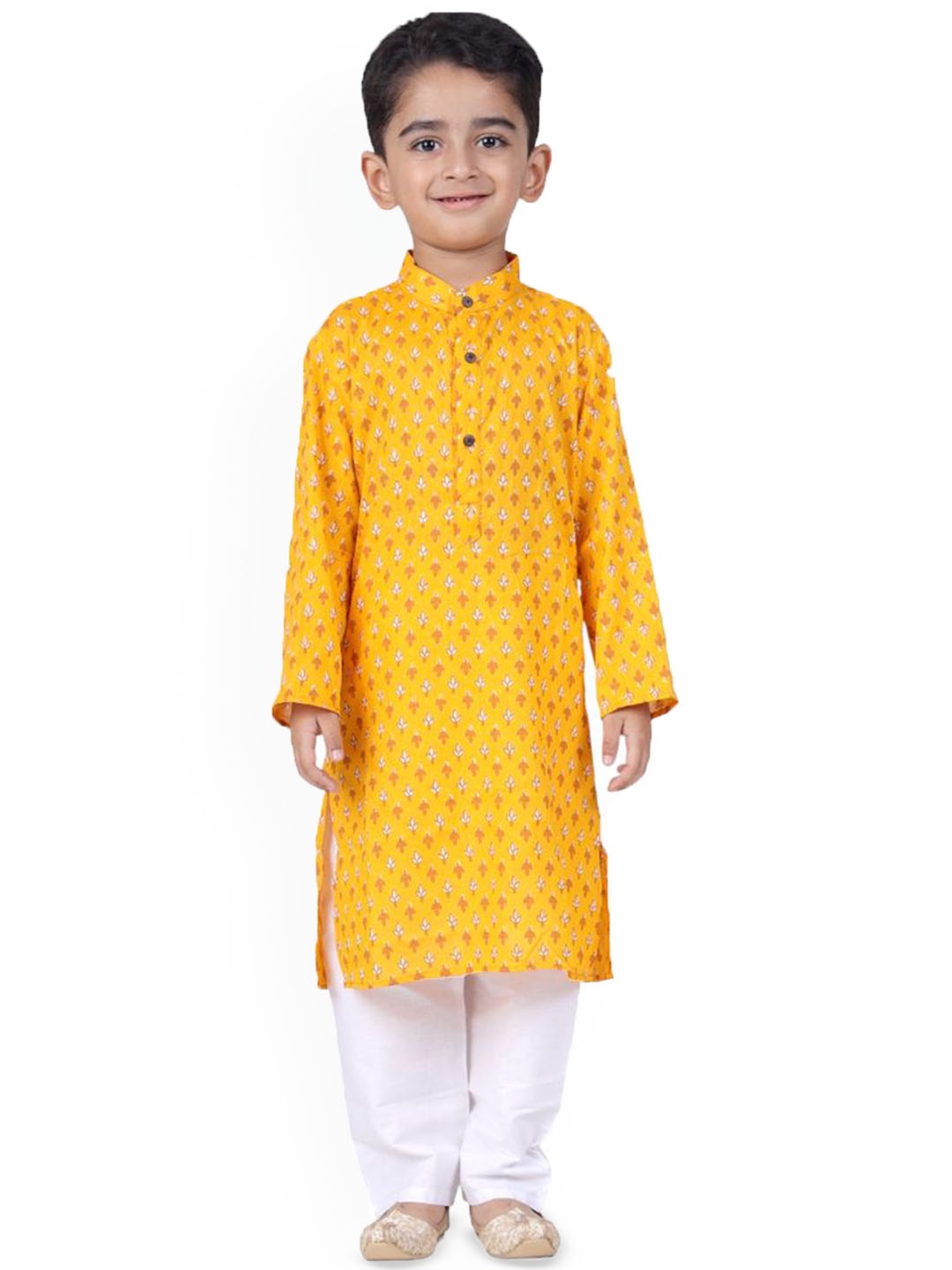 

itsmycostume Boys Ethnic Motifs Printed Pure Cotton Straight Kurta With Pyjamas, Yellow