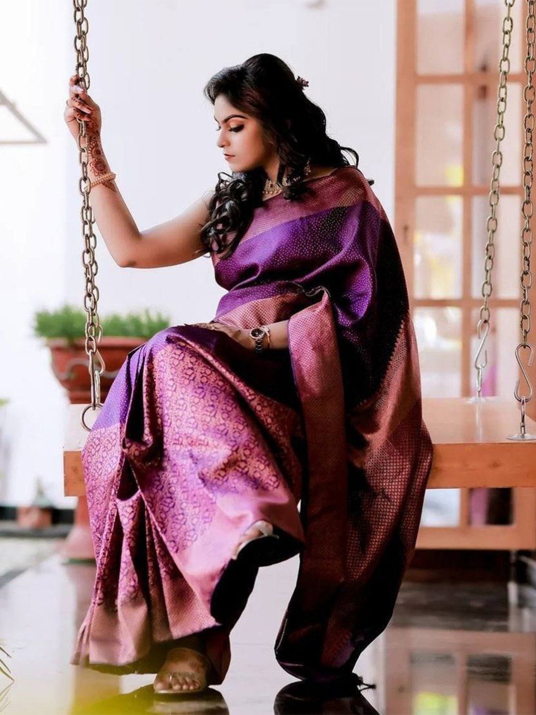 

Areca Designer Woven Design Zari Pure Silk Banarasi Saree, Purple