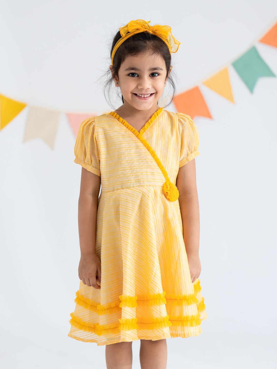 

Soleilclo Girls Striped Puff Sleeve Fit & Flare Dress, Yellow