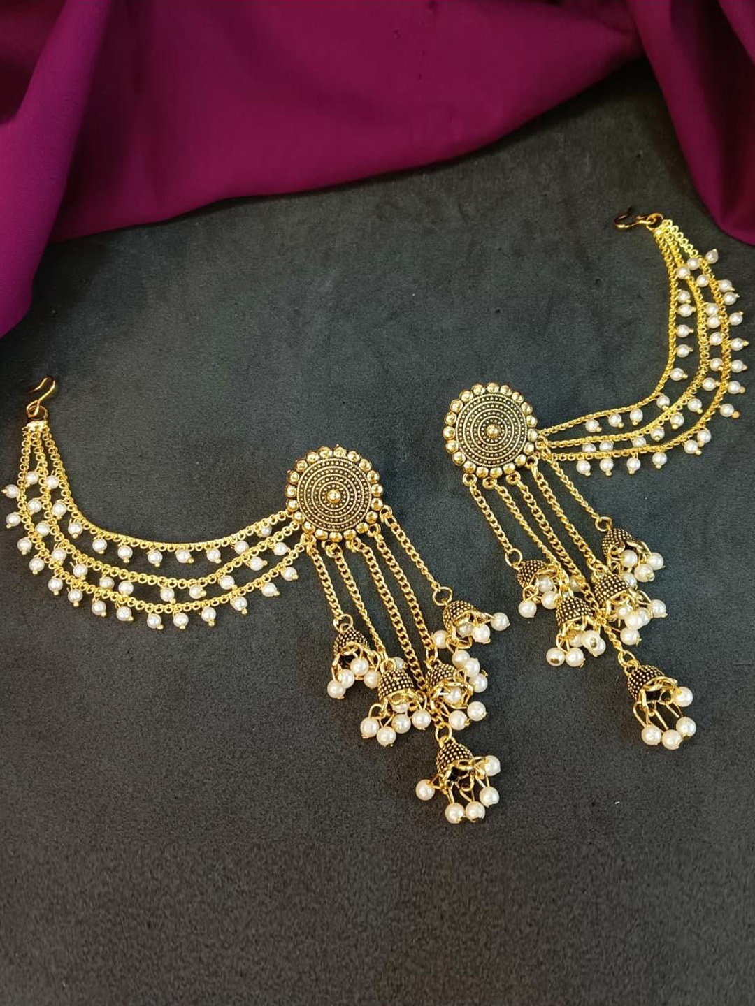 

Efulgenz Gold-Plated Dome Shaped Beaded Oxidized Jhumkas With Jhumki Charms Hair Chain, Silver