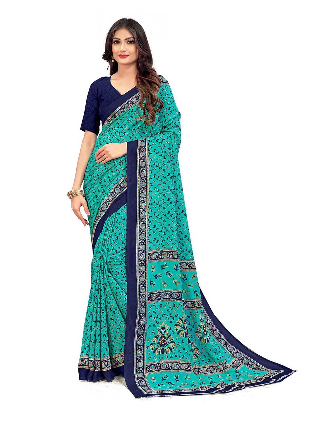 

Navvi Women Floral Printed Poly Georgette Saree, Green