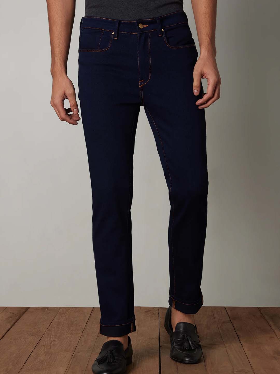 

Bombay Shirt Company Men Tapered Fit Low-Rise Low Distress Jeans, Navy blue