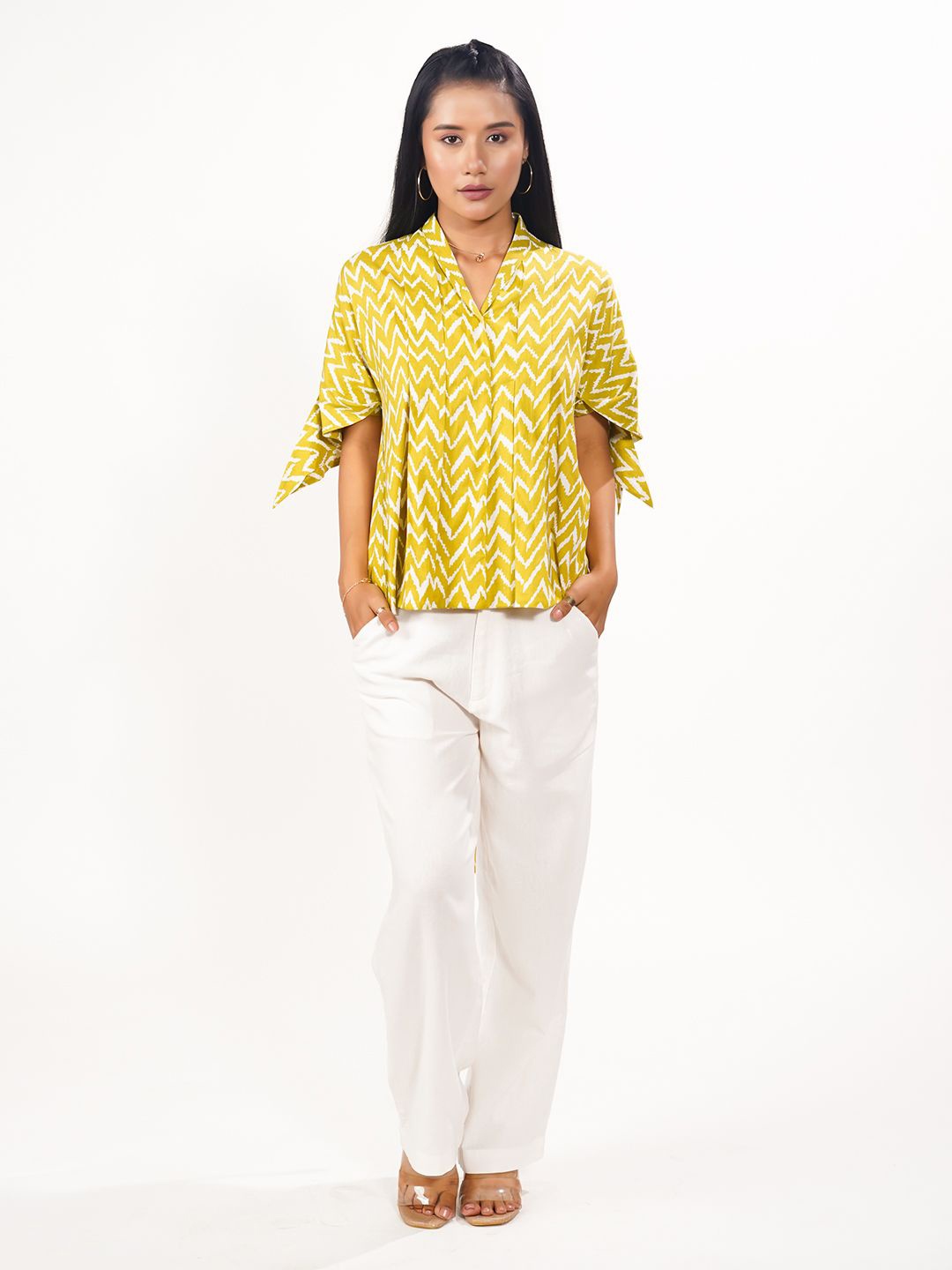 

Zink London Women Geometric Printed Flared Sleeve Cotton A-Line Top, Olive
