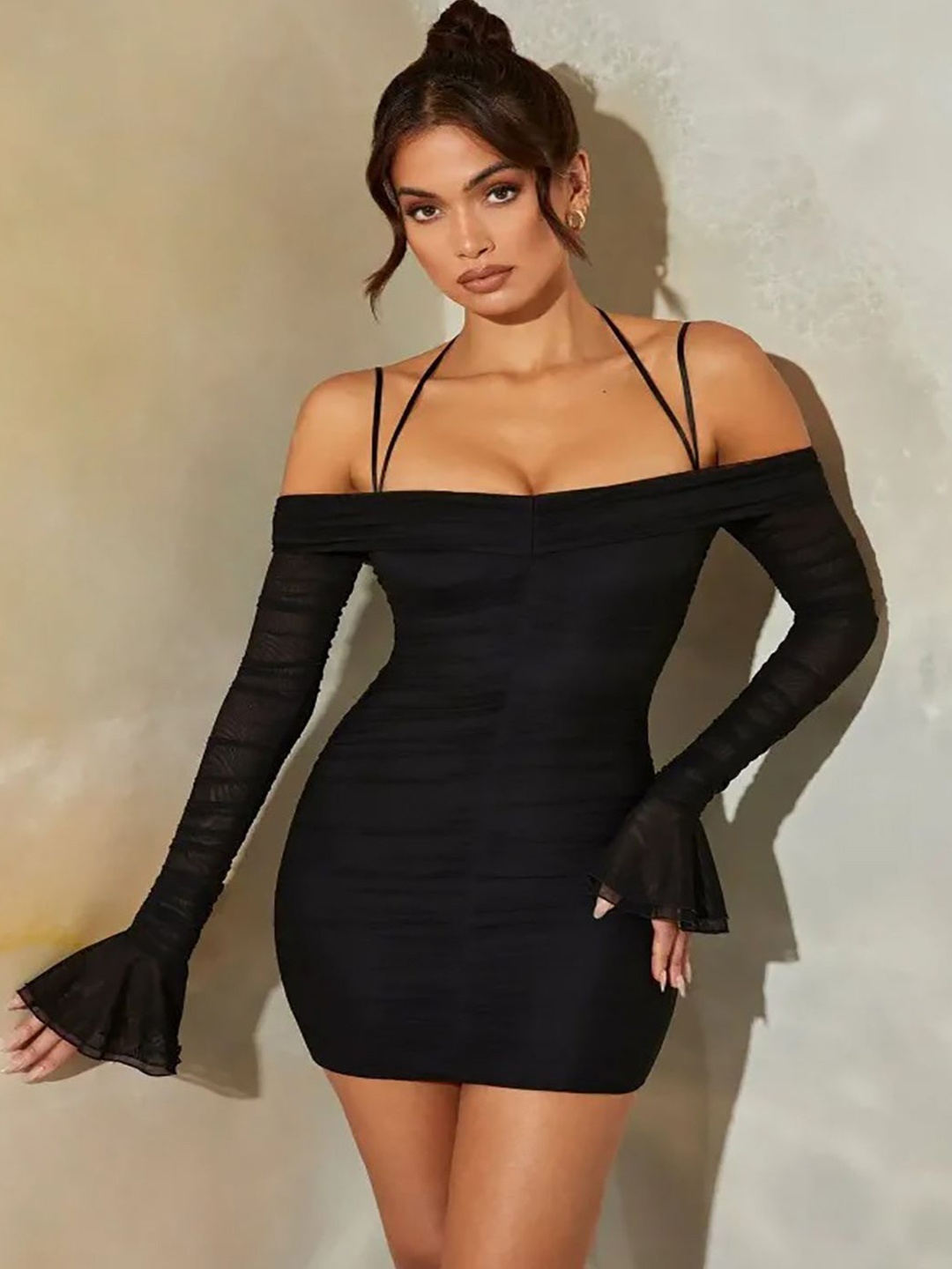 

STARZON FASHION Shoulder Straps Bodycon Ruched Mini Dress, Black
