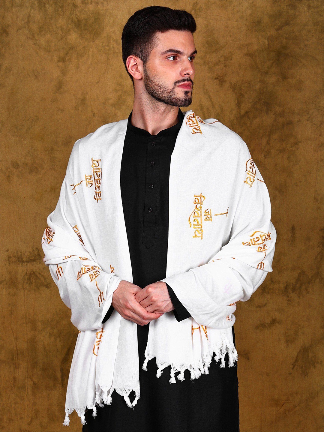 

Exotic India Zari Embroidered Jai Vishwanath Cotton Prayer Shawl, White
