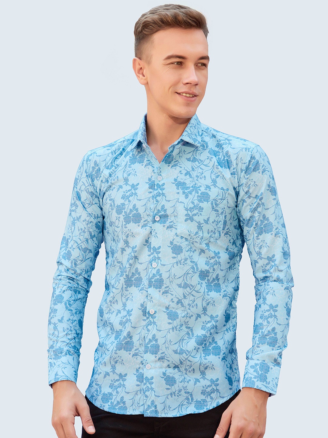 

FashionX Men Classic Slim Fit Floral Opaque Printed Party Shirt, Blue