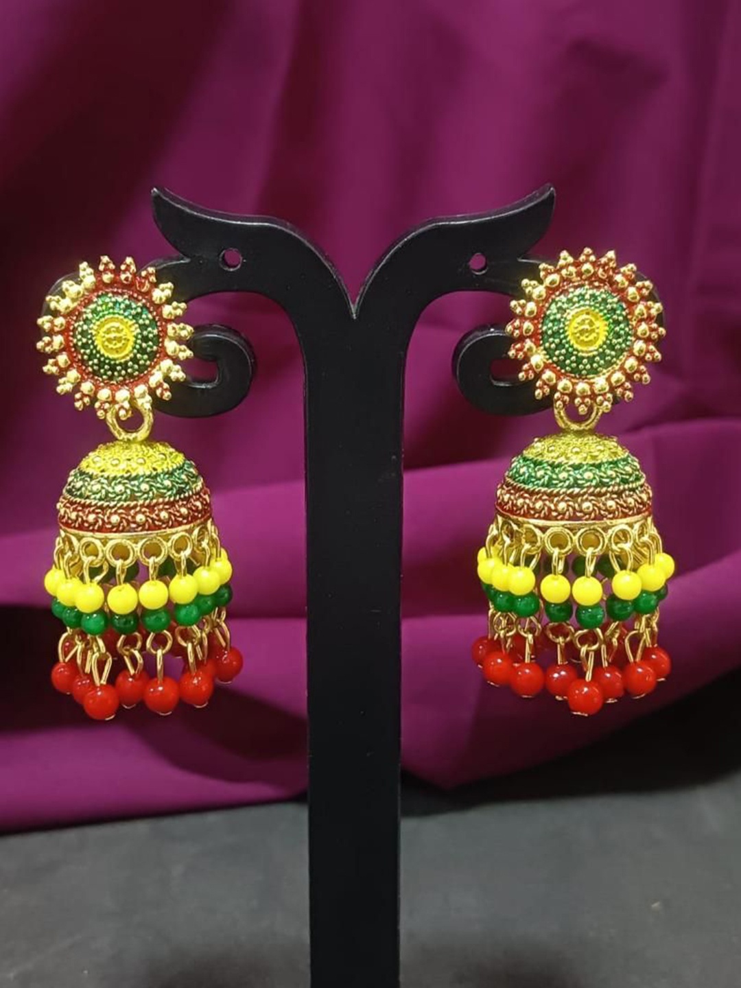 

Efulgenz Gold-Plated Dome Shaped Beaded Oxidised Jhumkas