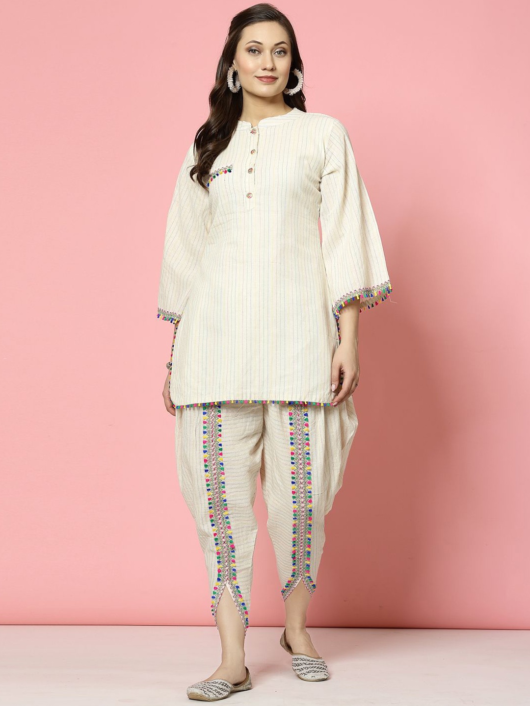 

Clora Creation Embellished Striped Mandarin Collar Cotton Tunic With Dhoti Pant, Cream