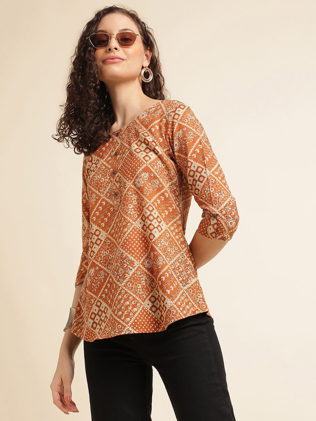

DressBerry Women Floral Printed Roll-Up Sleeves Regular Top, Orange