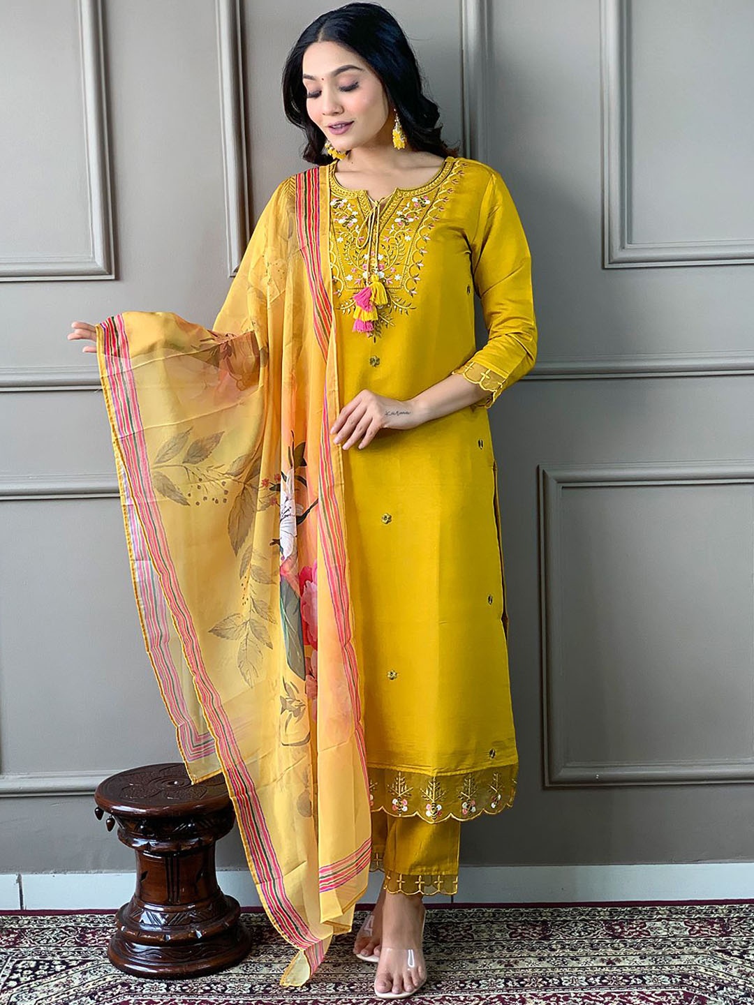 

BLACK SCISSOR Floral Embroidered Chanderi Silk Straight Kurta With Trousers & Dupatta, Mustard