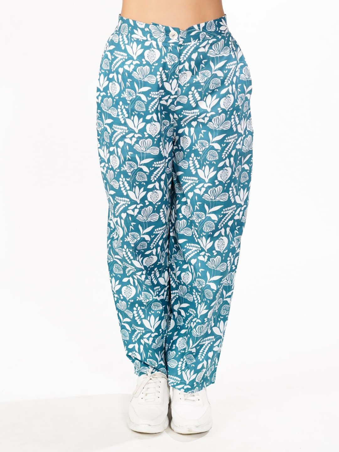 

Zink London Women Cotton Floral Printed High-Rise Straight Fit Trousers, Teal