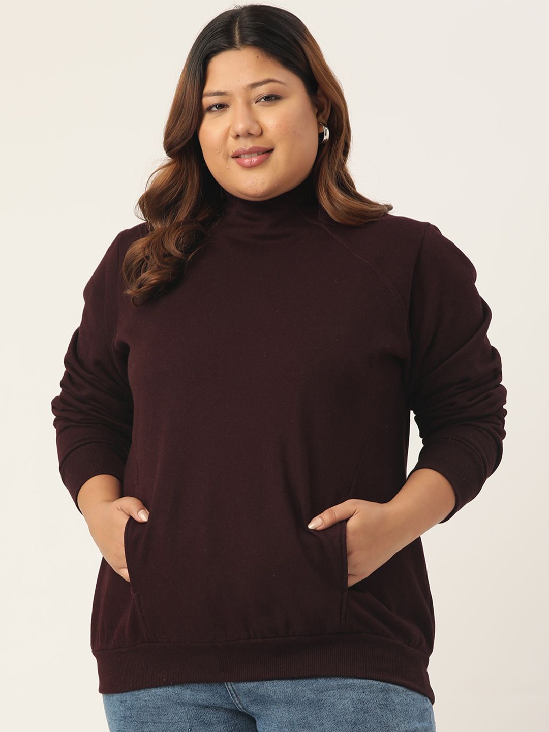 

theRebelinme Women Cotton High Neck Long Sleeves Plus Size Sweatshirt, Burgundy