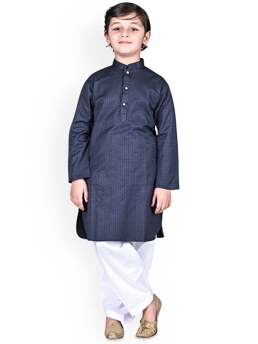 

itsmycostume Boys Ethnic Motifs Printed Pure Cotton Straight Kurta With Pyjamas, Navy blue