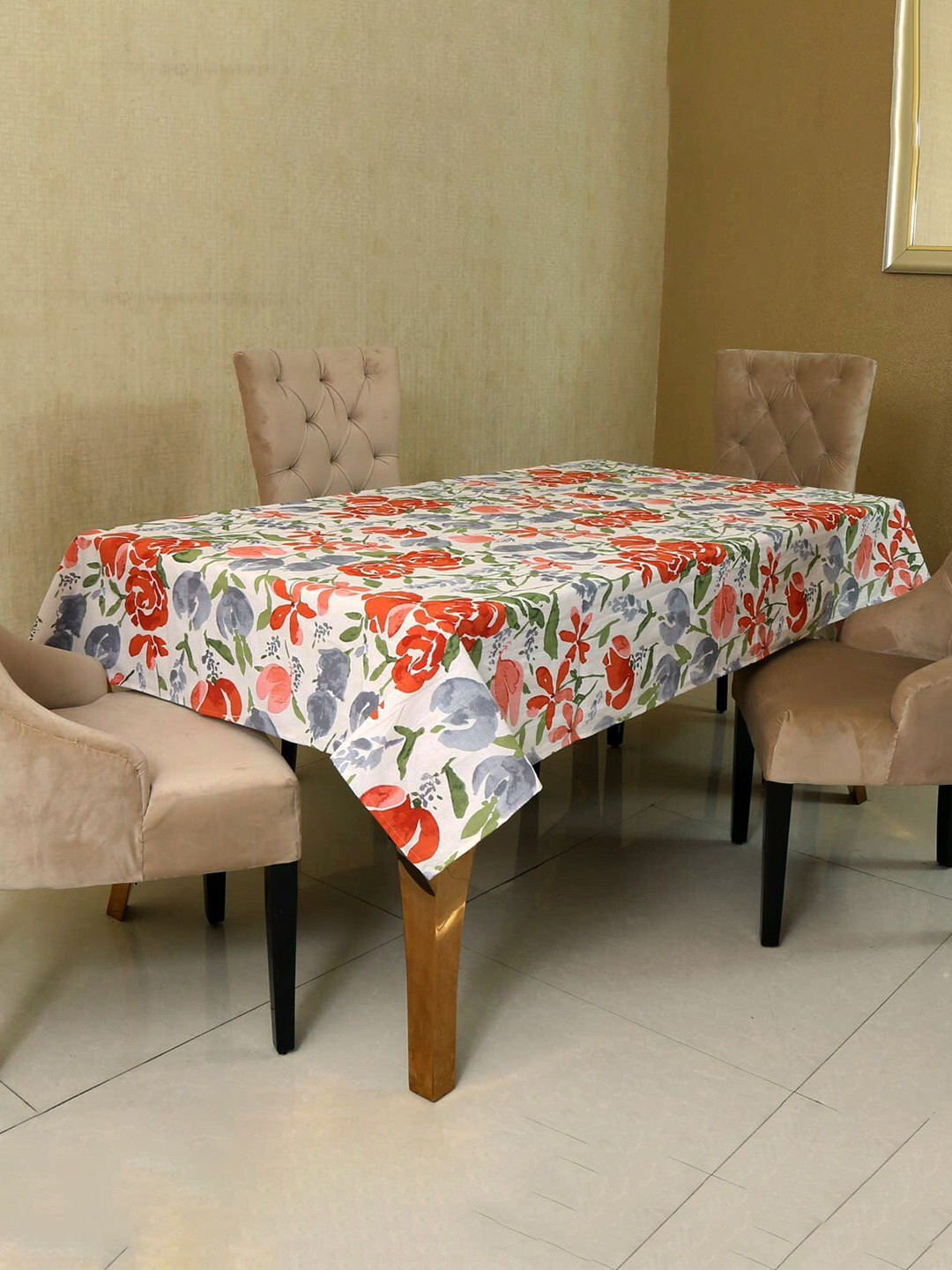 

BILBERRY Furnishing by preeti grover White Floral Cotton 6-Seater Table Cover