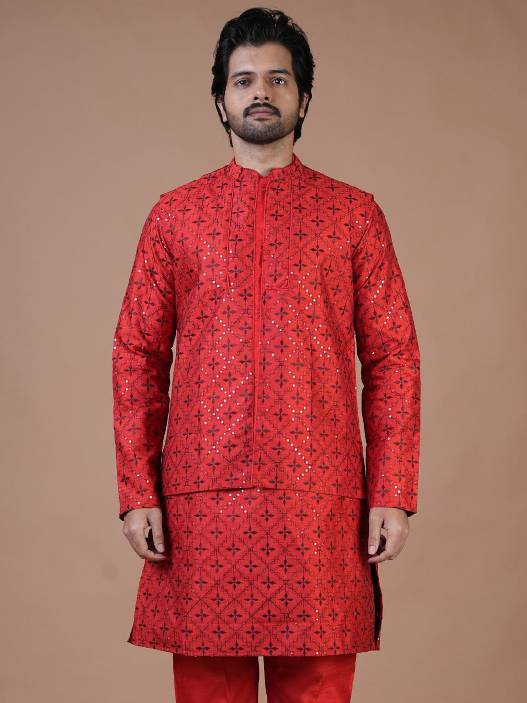 

ARYA Geometric Embroidered Sequinned Chanderi Silk Kurta With Nehru Jacket With Trouser, Red