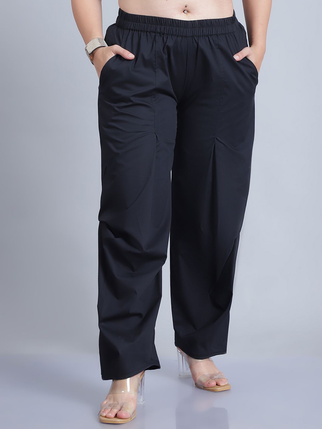 

Baawri Women Pleated Regular Fit Mid-Rise Trouser Plus Size, Black