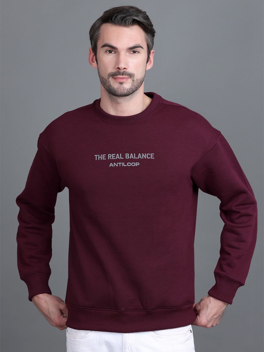

Antiloop Men Printed Drop Shoulder Round Neck Sweatshirt, Maroon
