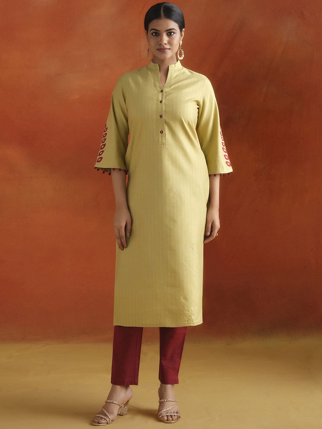 

Jaipur Kurti Striped Thread Work Cotton Straight Kurta, Green
