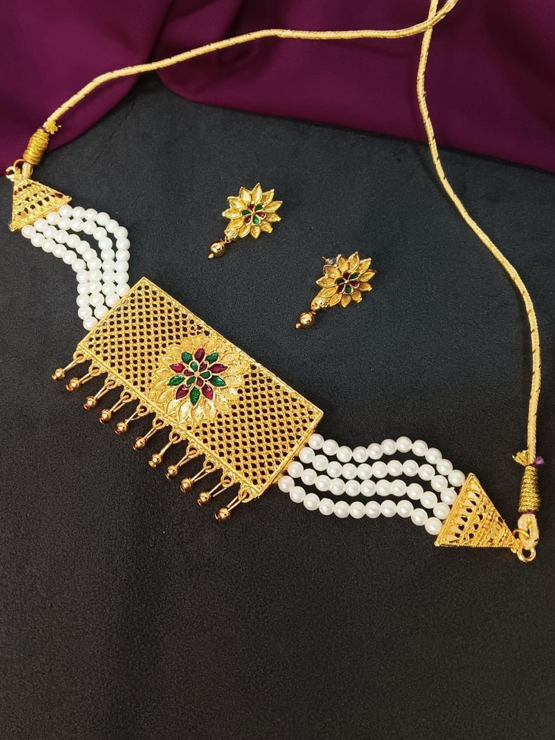 

Efulgenz Gold Plated Floral Faux Pearl Beaded Layered Jewellery Set