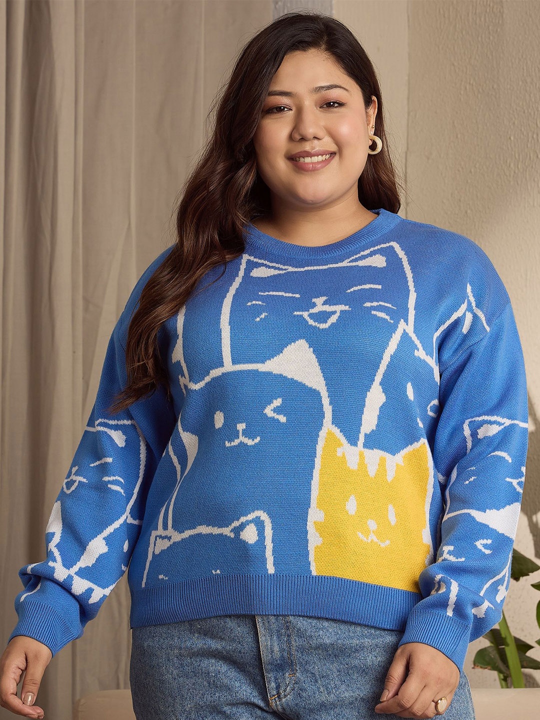 

Berrylush Curve Women Graphic Printed Pullover, Blue