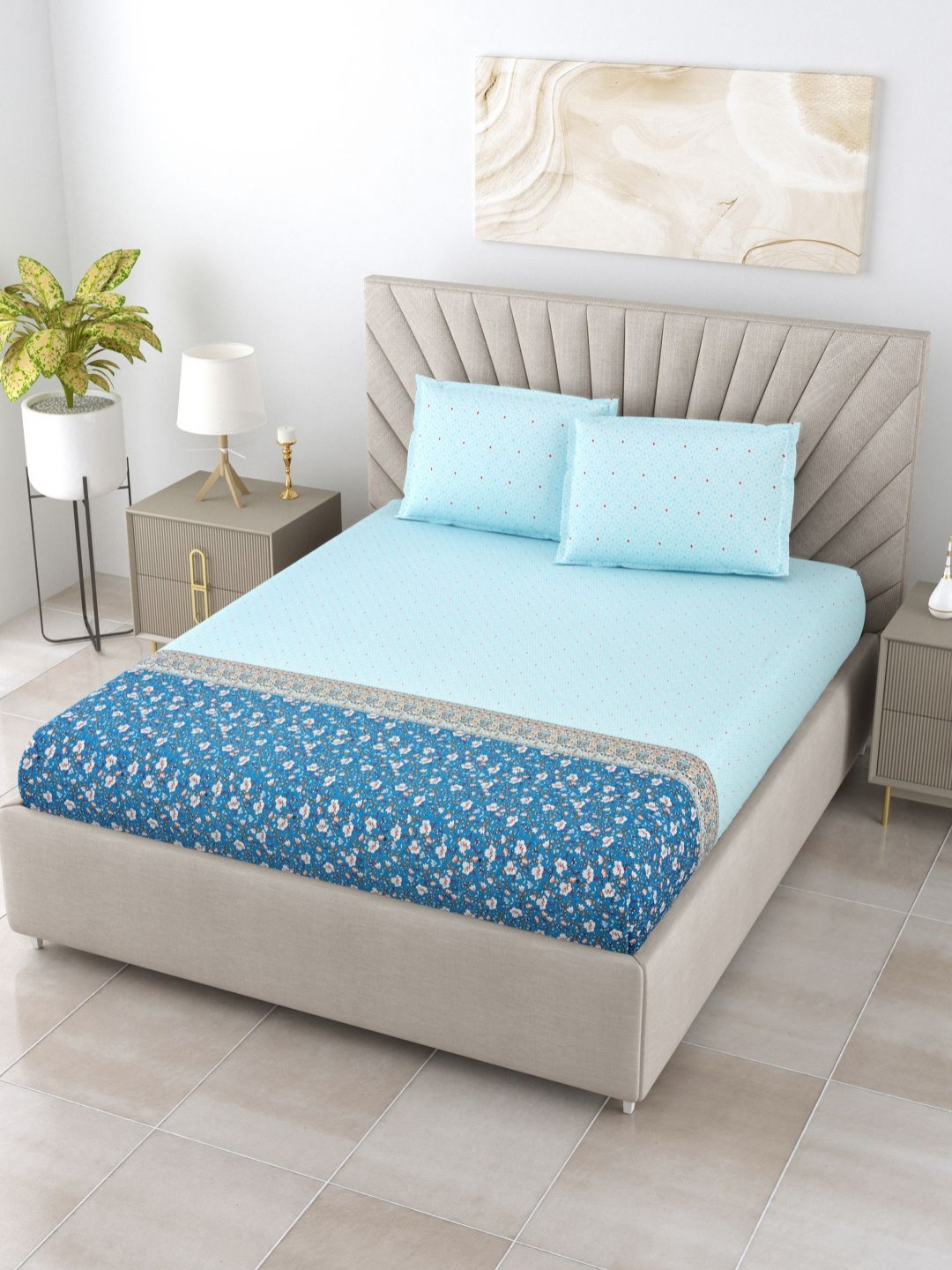 

BOMBAY DYEING THYME Blue Printed Pure Cotton 200 TC King Bedsheet Set 2.74 m x 2.74 m