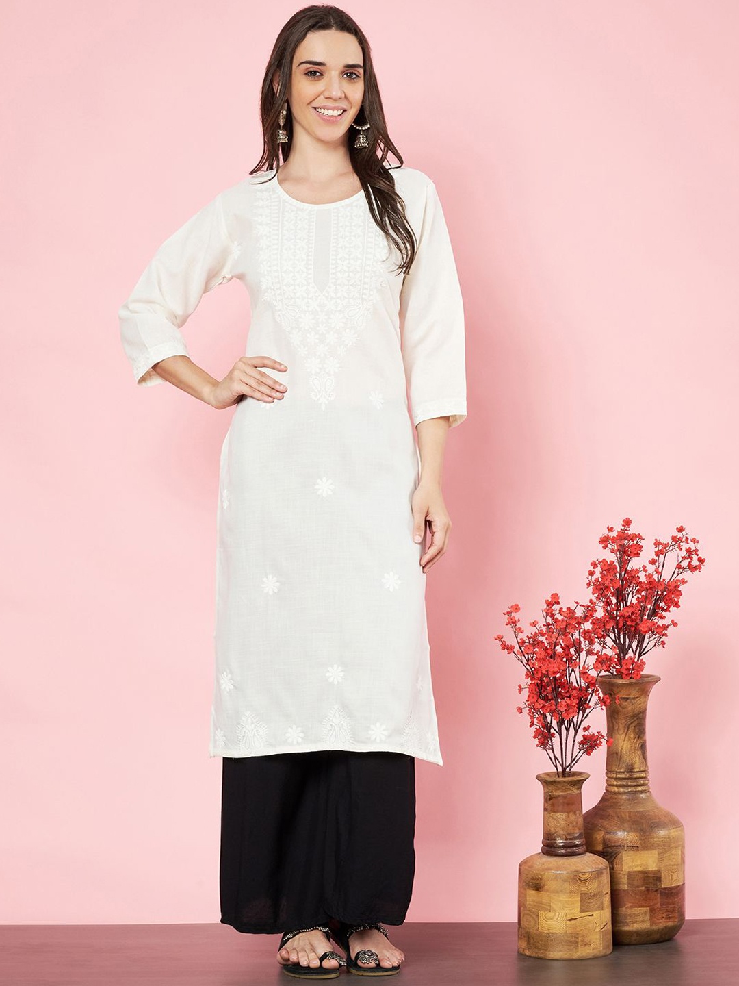 

HERE&NOW White Floral Embroidered Cotton Straight Kurta