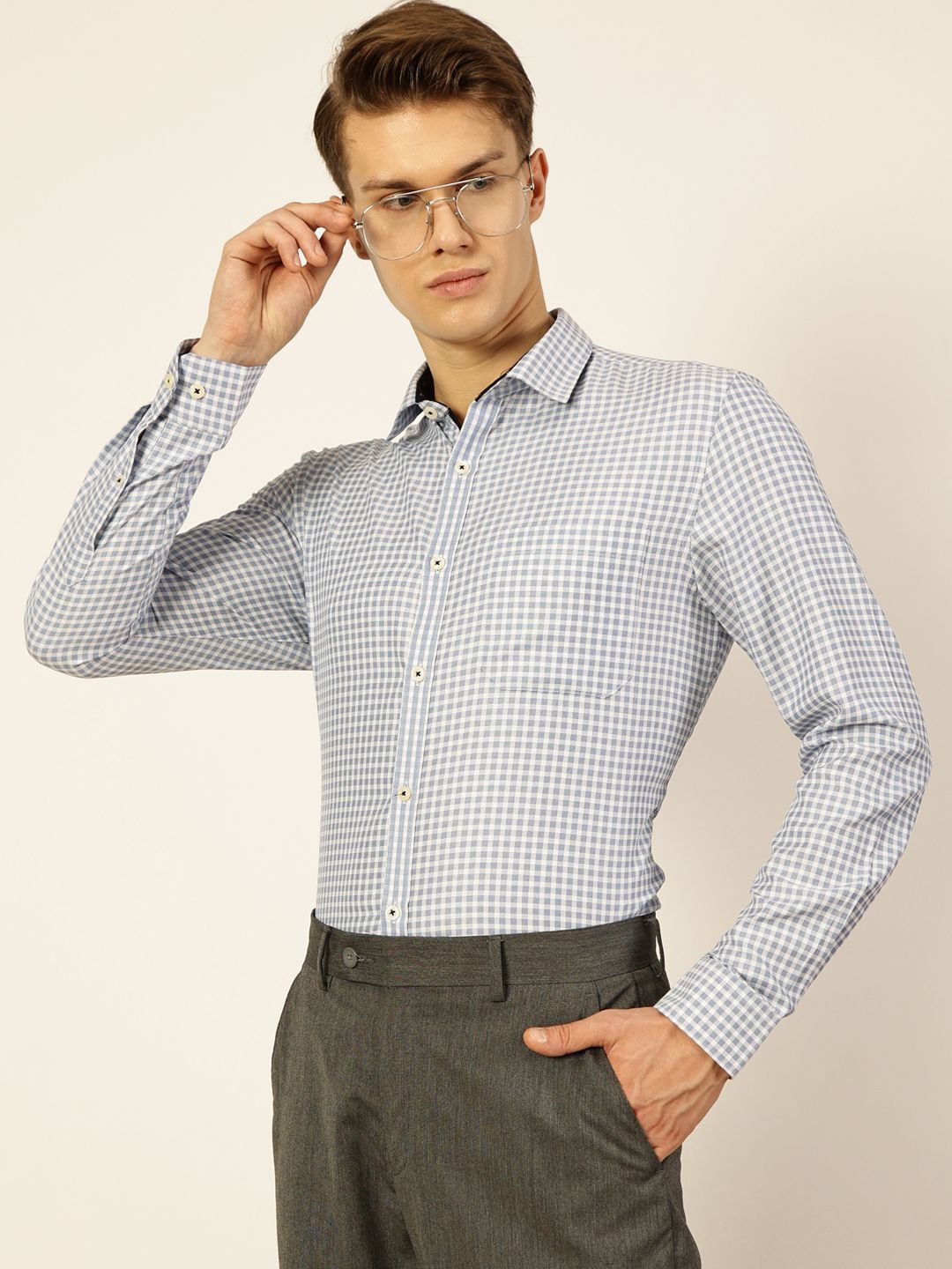 

Thomas Scott Men Premium Slim Fit Micro Checks Opaque Checked Formal Shirt, Blue