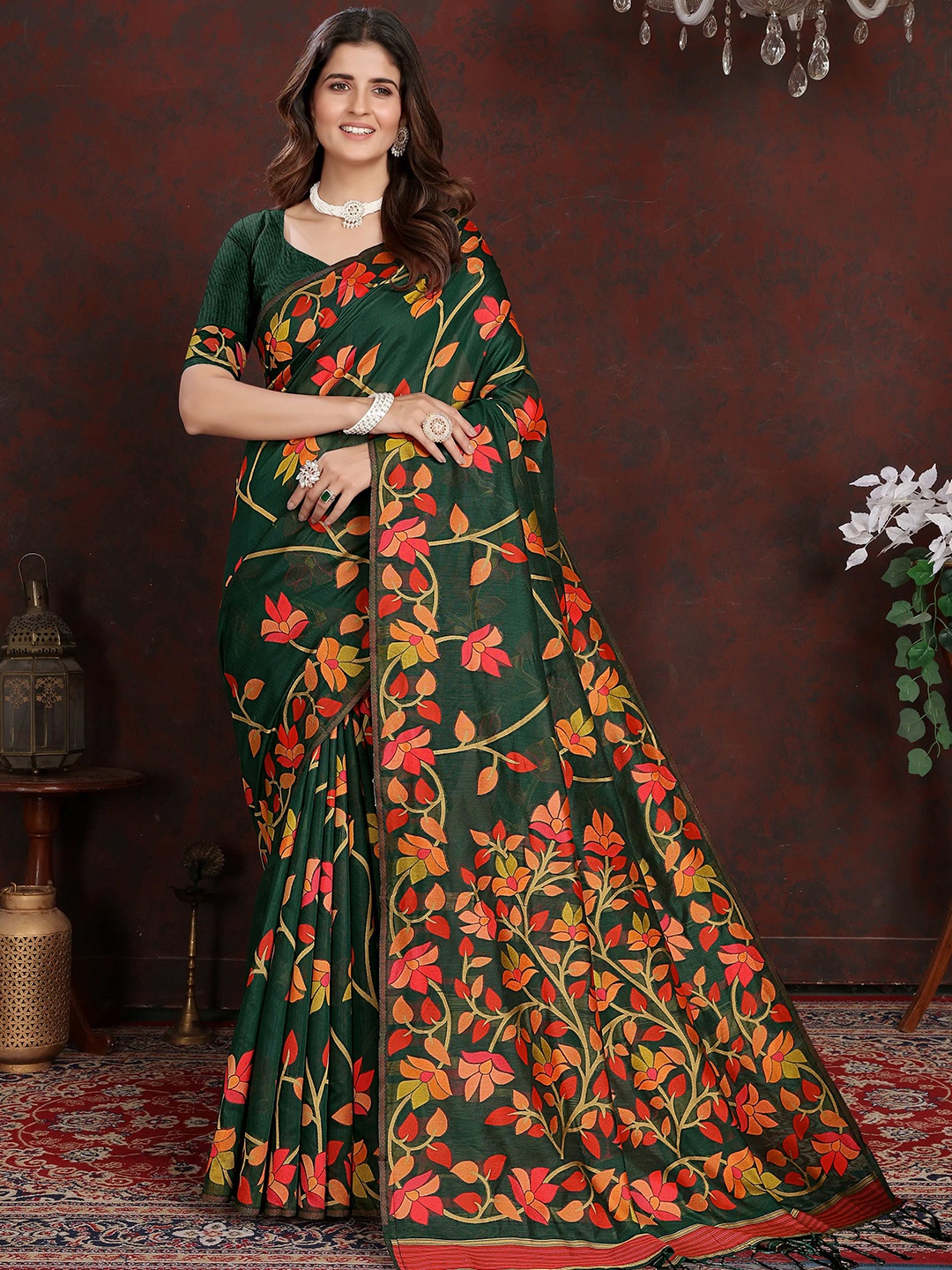 

HEER FASHION Floral Pure Cotton Jamdani Saree, Green