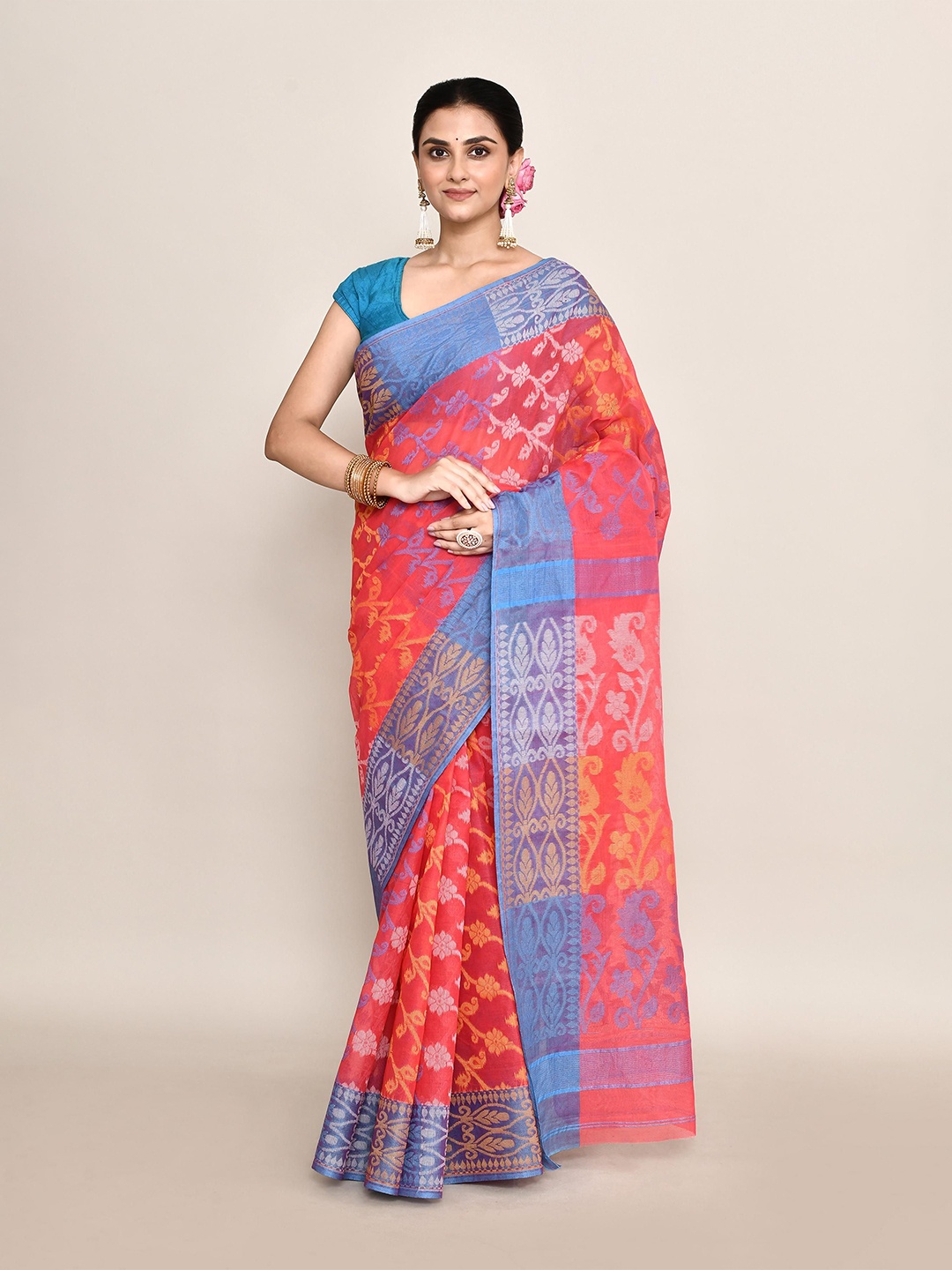

PUKU Woven Design Pure Cotton Taant Saree, Pink
