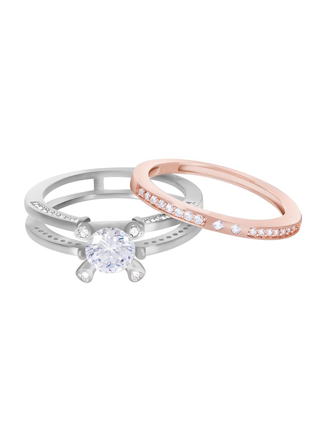 

TOUCH925 Set of 2 Pure Silver Cubic Zirconia Stone-Studded Into-Each-Other Finger Rings, Rose gold