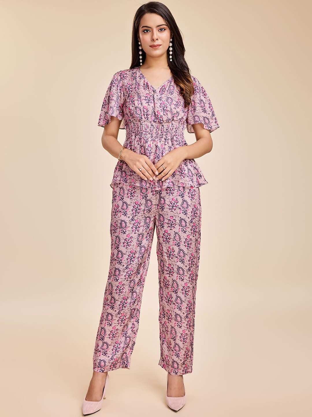 

Komarri U Paisley Printed Flared Sleeves Top With Trousers, Pink