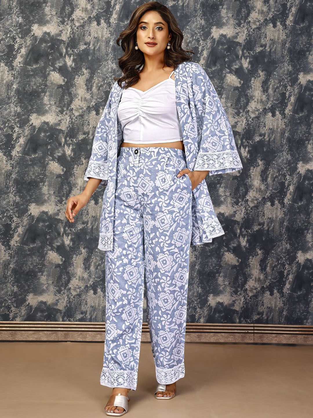 

Komarri U Floral Batik Printed Shrug With Straight Trousers & Gathered Bustier, Blue