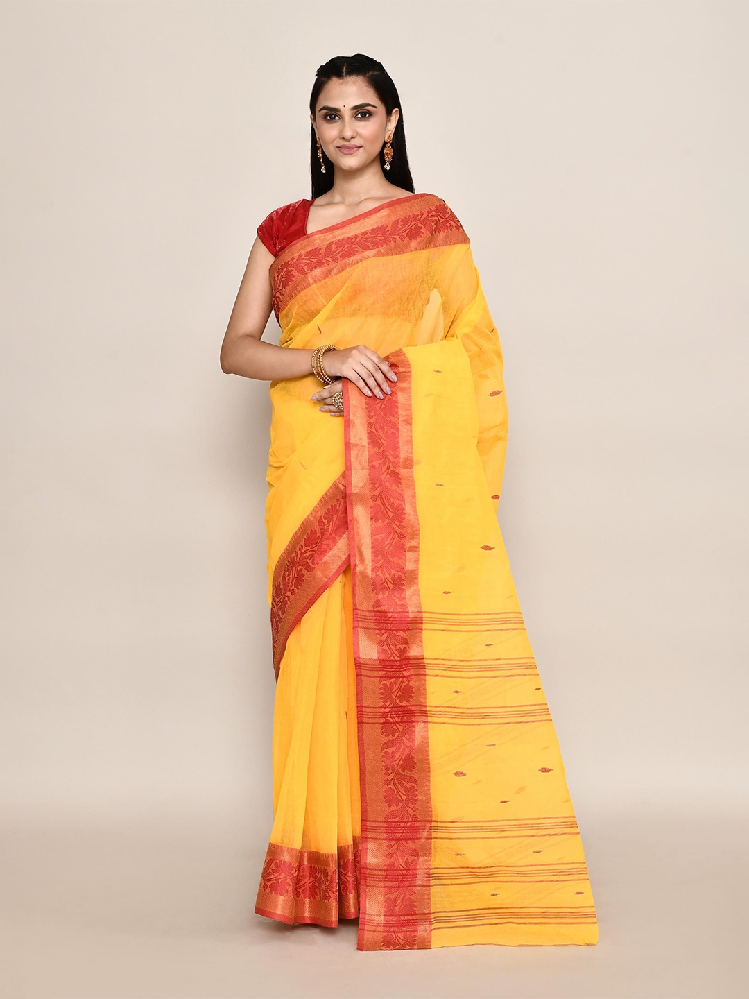 

PUKU Ethnic Motifs Woven Design Pure Cotton Taant Saree, Yellow