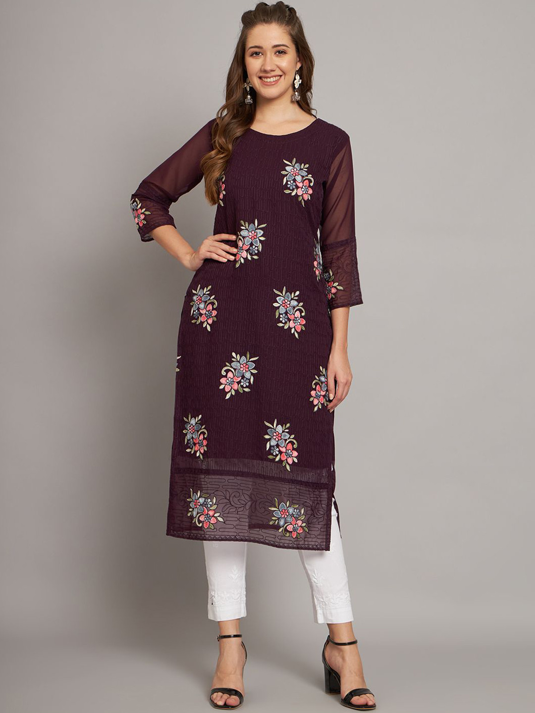 

HERE&NOW Women Floral Embroidered Thread Work Georgette Kurta, Purple