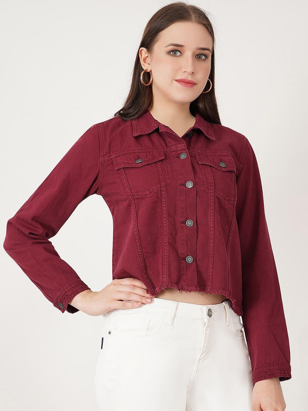 

Mast & Harbour Women Crop Denim Jacket, Maroon