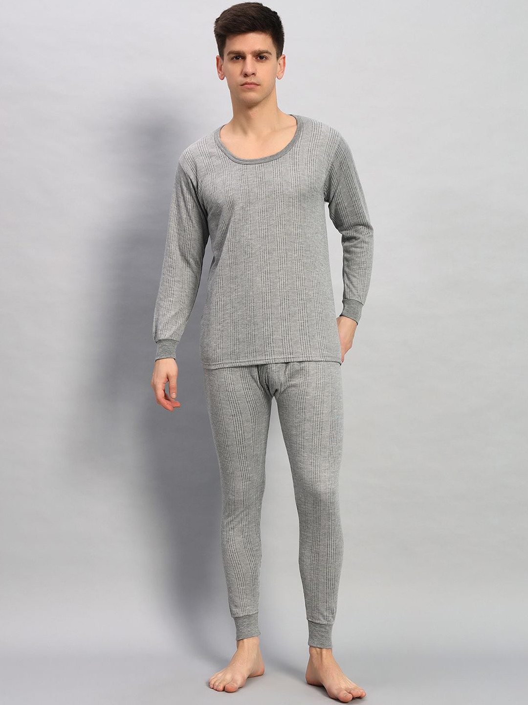 

WILD WEST Men Striped Round Neck Thermal Set, Grey
