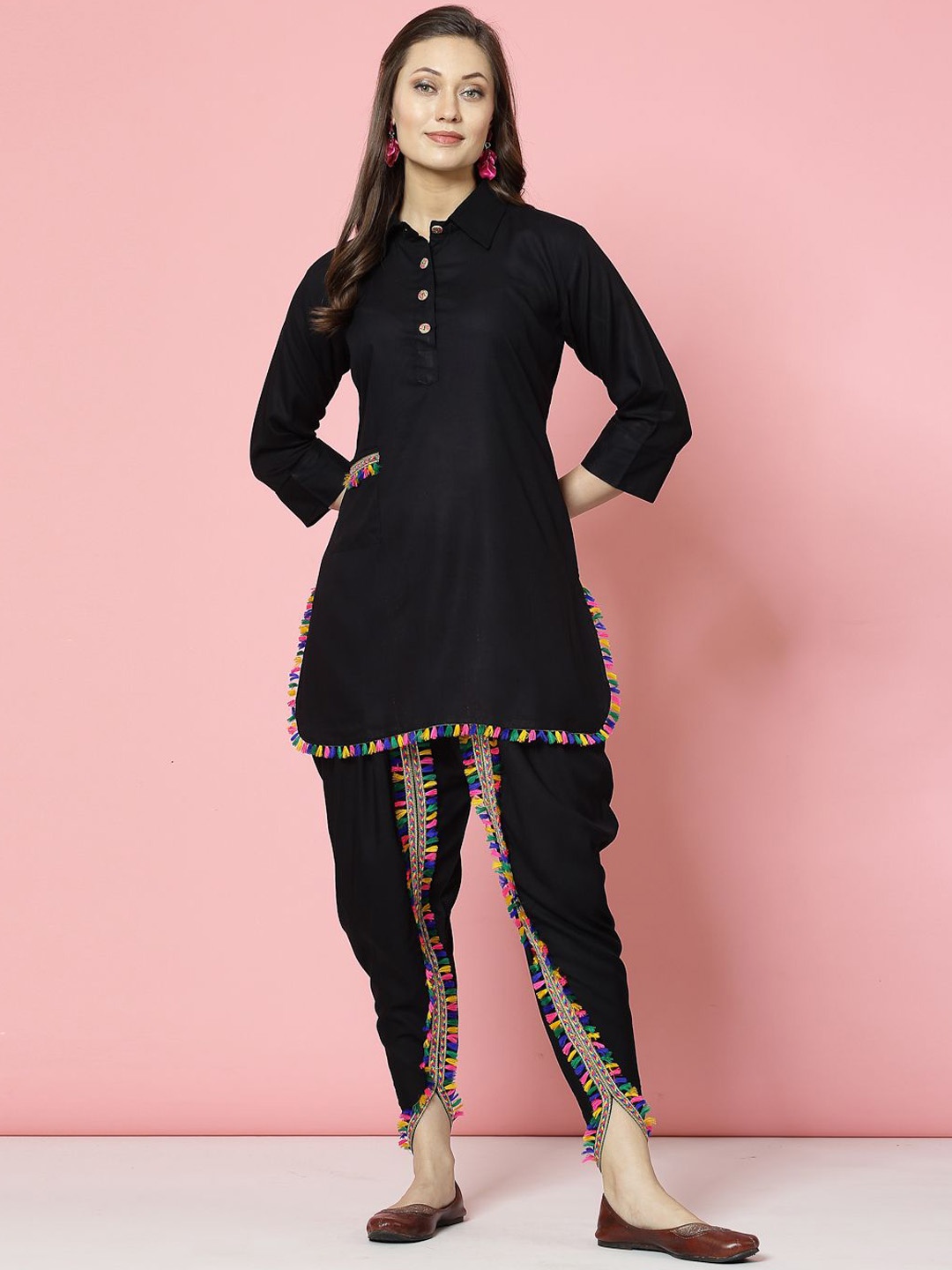 

Clora Creation Embellished Mandarin Collar Tunic With Dhoti Pant, Black