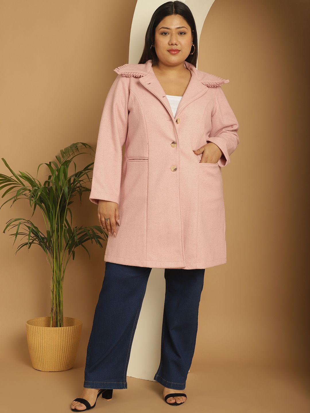 

theRebelinme Women Plus Size Single-Breasted Longline Overcoat, Pink
