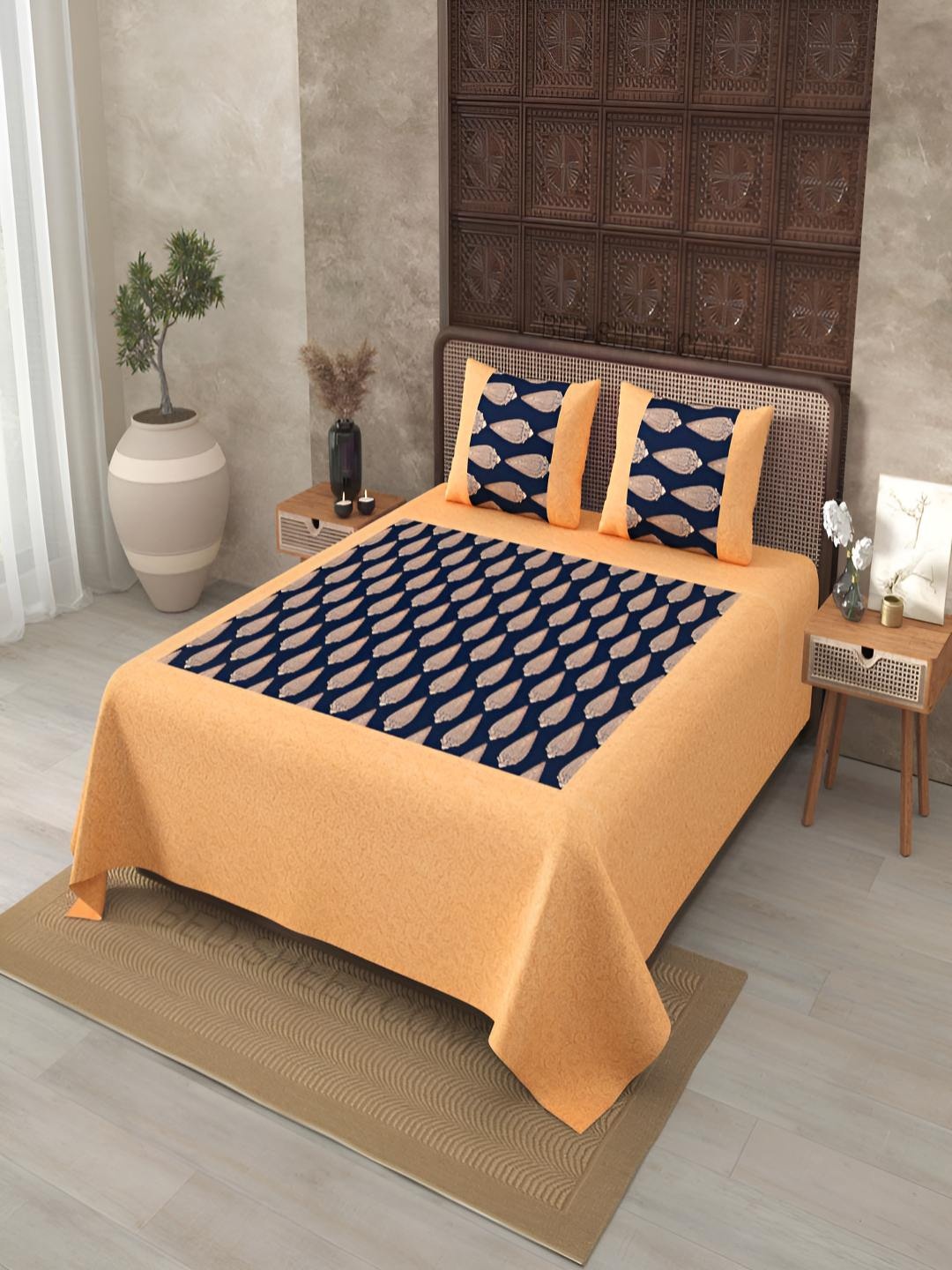 

BED-SHEET.COM Navy Blue Ethnic Motifs Printed Cotton 180TC King Bedsheet Set 2.74 x 2.24 m